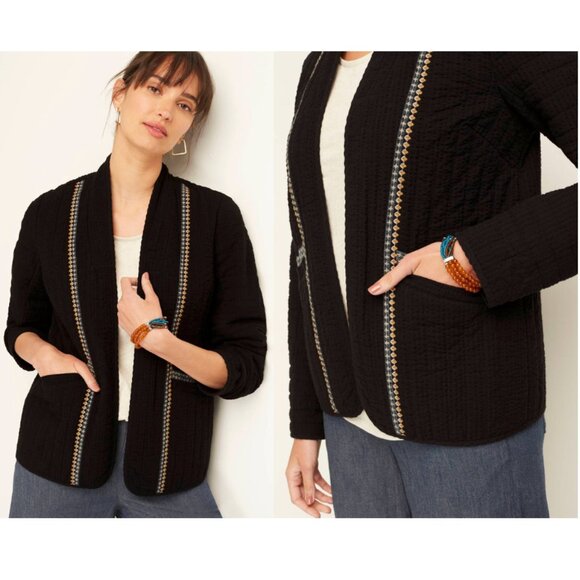 J.JILL PureJill Elements Seersucker Embroidered Quilted Jacket Black Size M - Picture 2 of 8